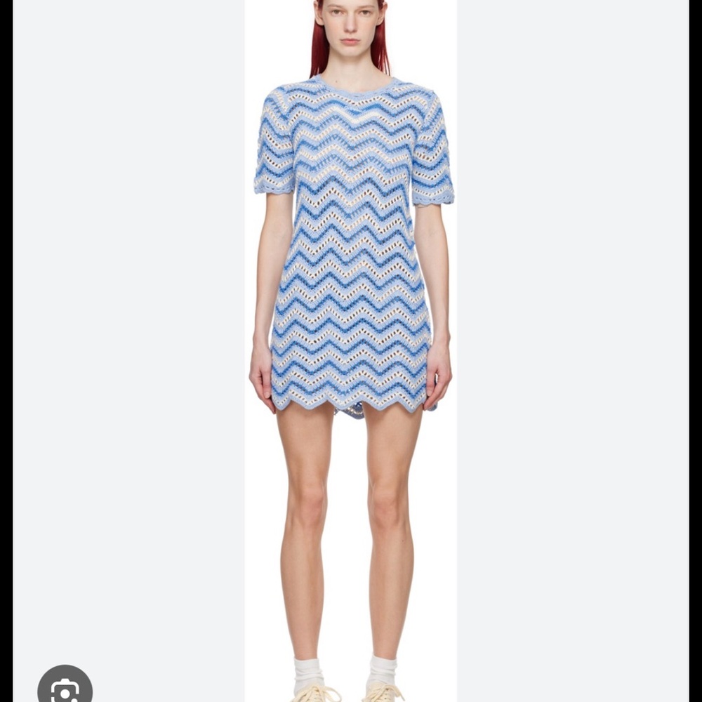 Ganni Blue and White Chevron Dress